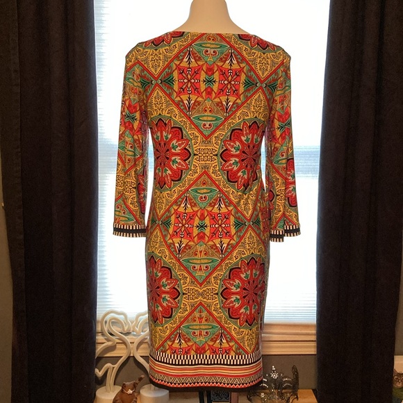 Laundry by Shelli Segal bell sleeve mirrored pattern lined colorf dress size 10 - Picture 6 of 9